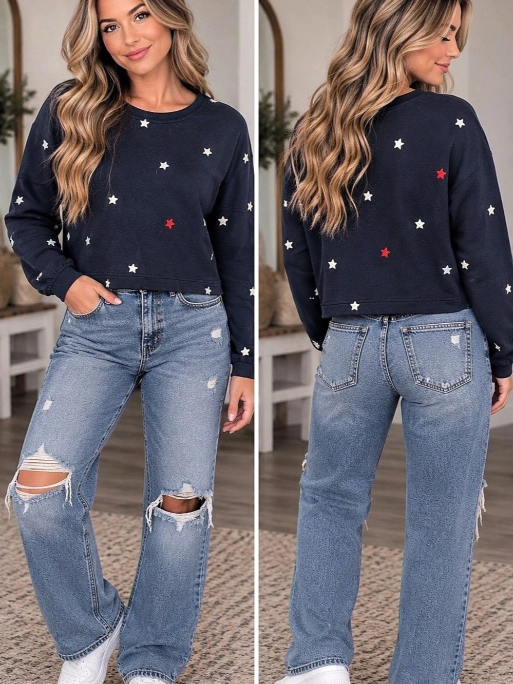Alya Star Print Sweatshirt in Blue Size Medium